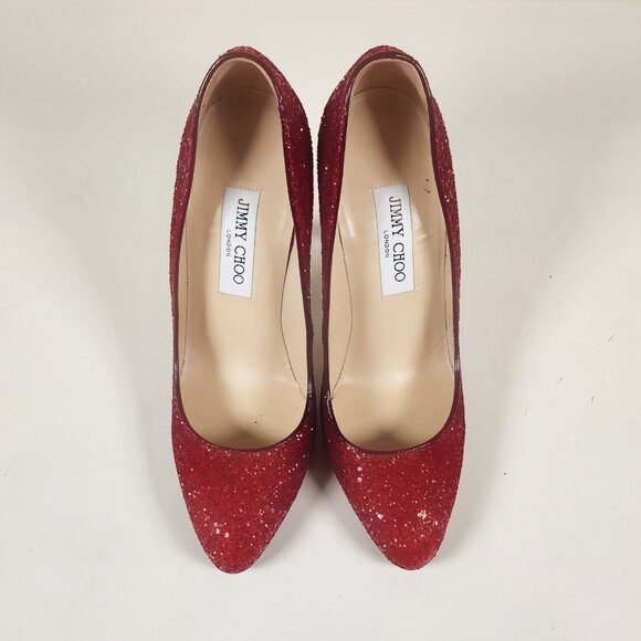 Jimmy Choo Red Glitter Almond-Toe Stiletto Platform Heels - Picture 3 of 5